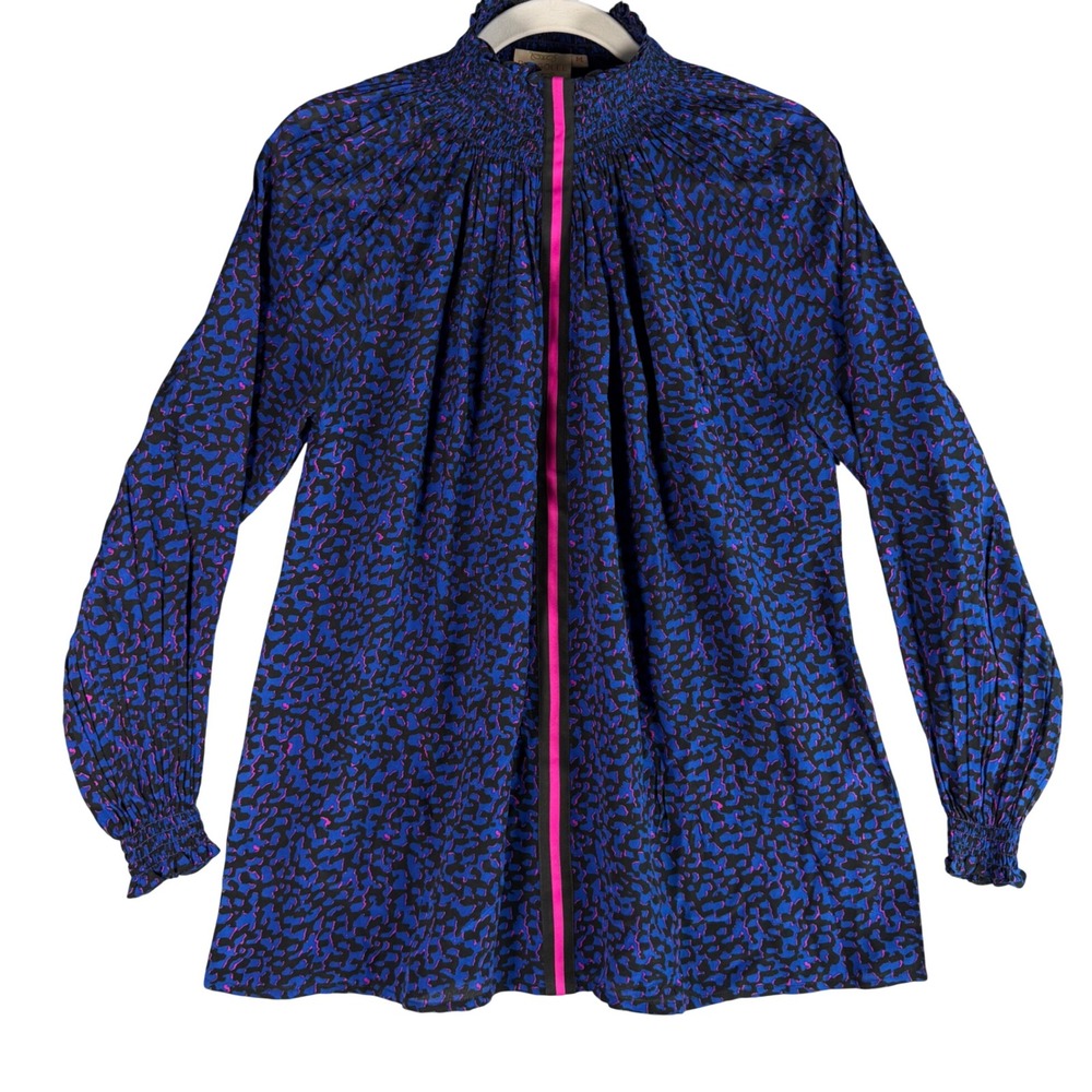 Rungolee Silk Brooklyn Blue Pink Animal Leopard Print Smocked Neck Tie Blouse M - Picture 2 of 11